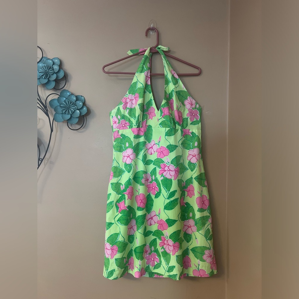 Lilly Pulitzer Celia Halter Dress Size 12 Pistachio Pink Floral *Vintage